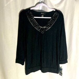58-13 STYLE & CO black beaded v-cut long sleeve banded waist knit top L